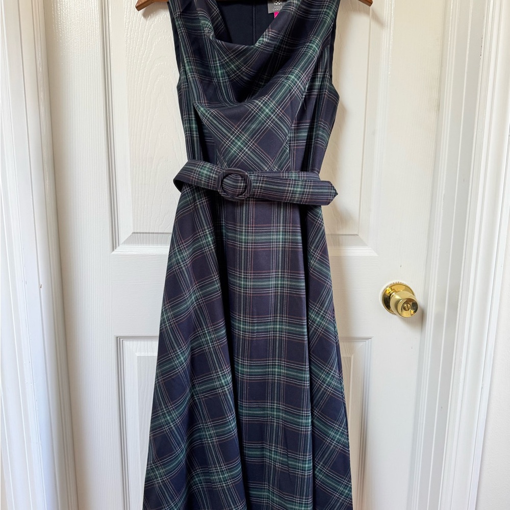 Vince Camuto Navy Plaid Cowl Neck Dress – Size 6